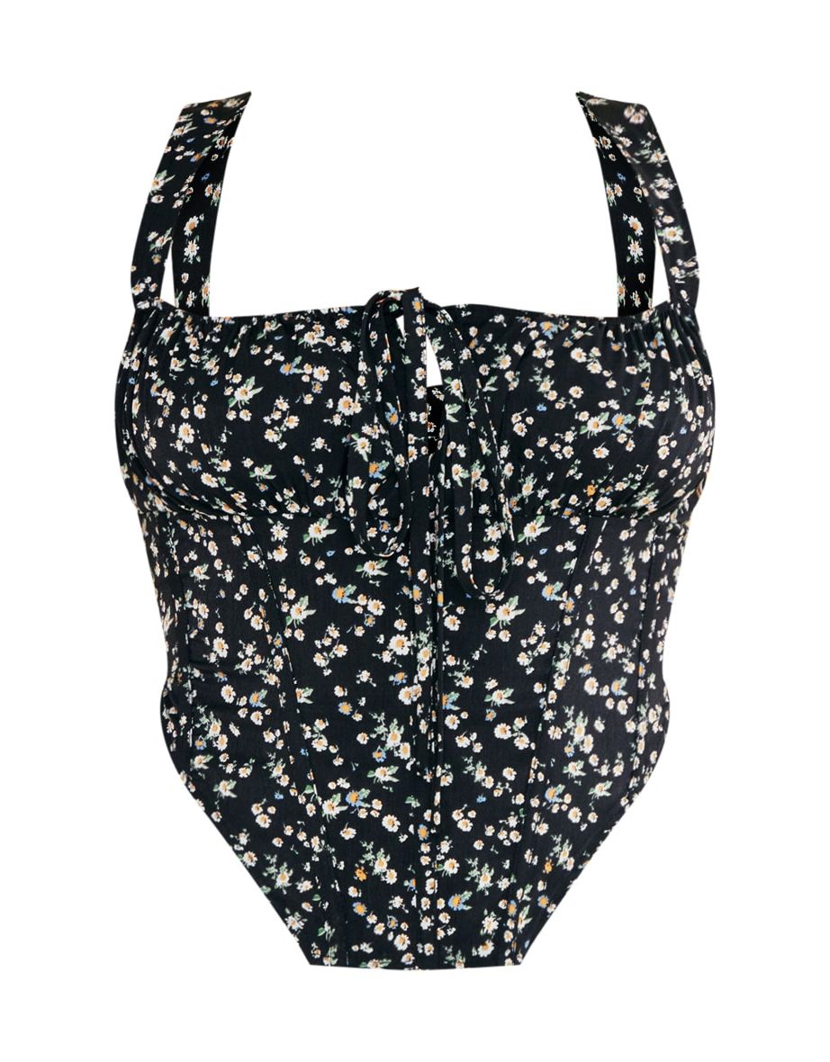 Plus Black Ditsy Floral Tie Front Corset Top - 4