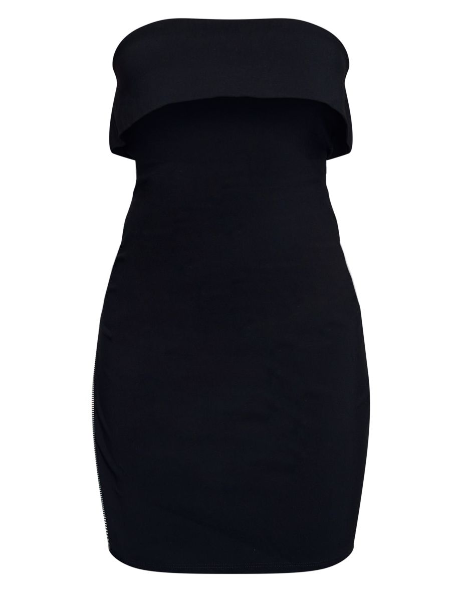 Black Bandeau Fold Over Zip Detail Bodycon Dress - 4