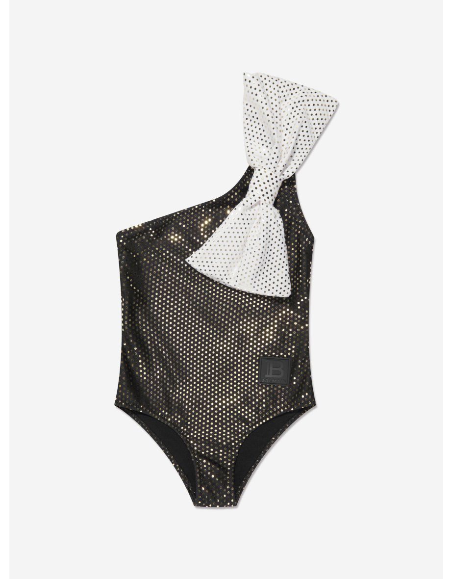 Girls One Shoulder Bow Swimsuit in Black