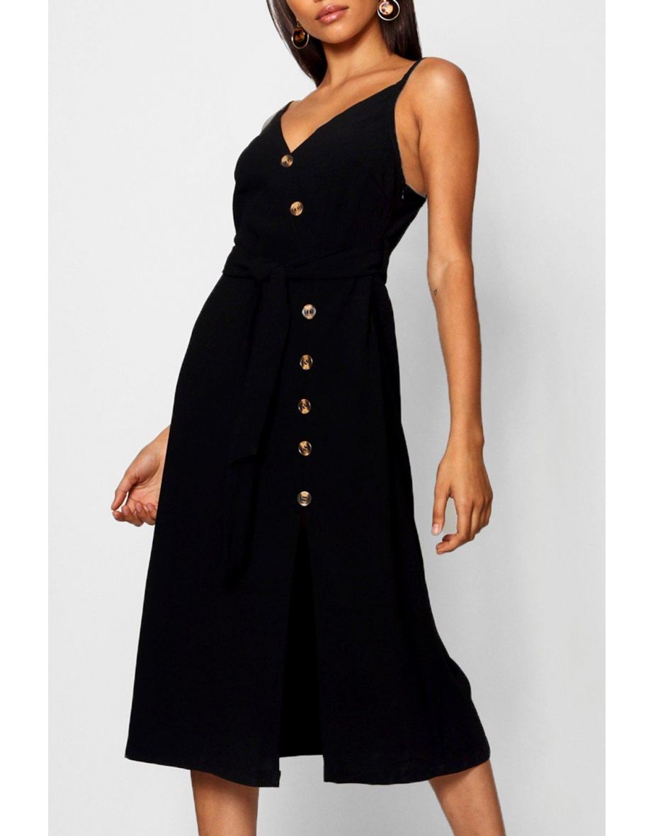 Button Front Woven Cami Dress - black - 3
