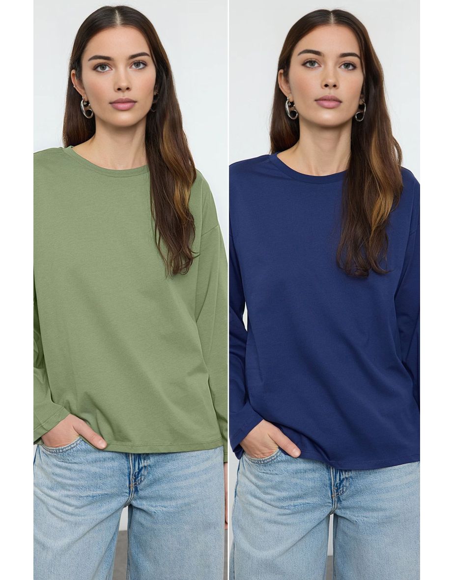 Navy Blue-Khaki 2-Pack 100% Jersey Oversize/Wide Cut Knitted T-Shirt