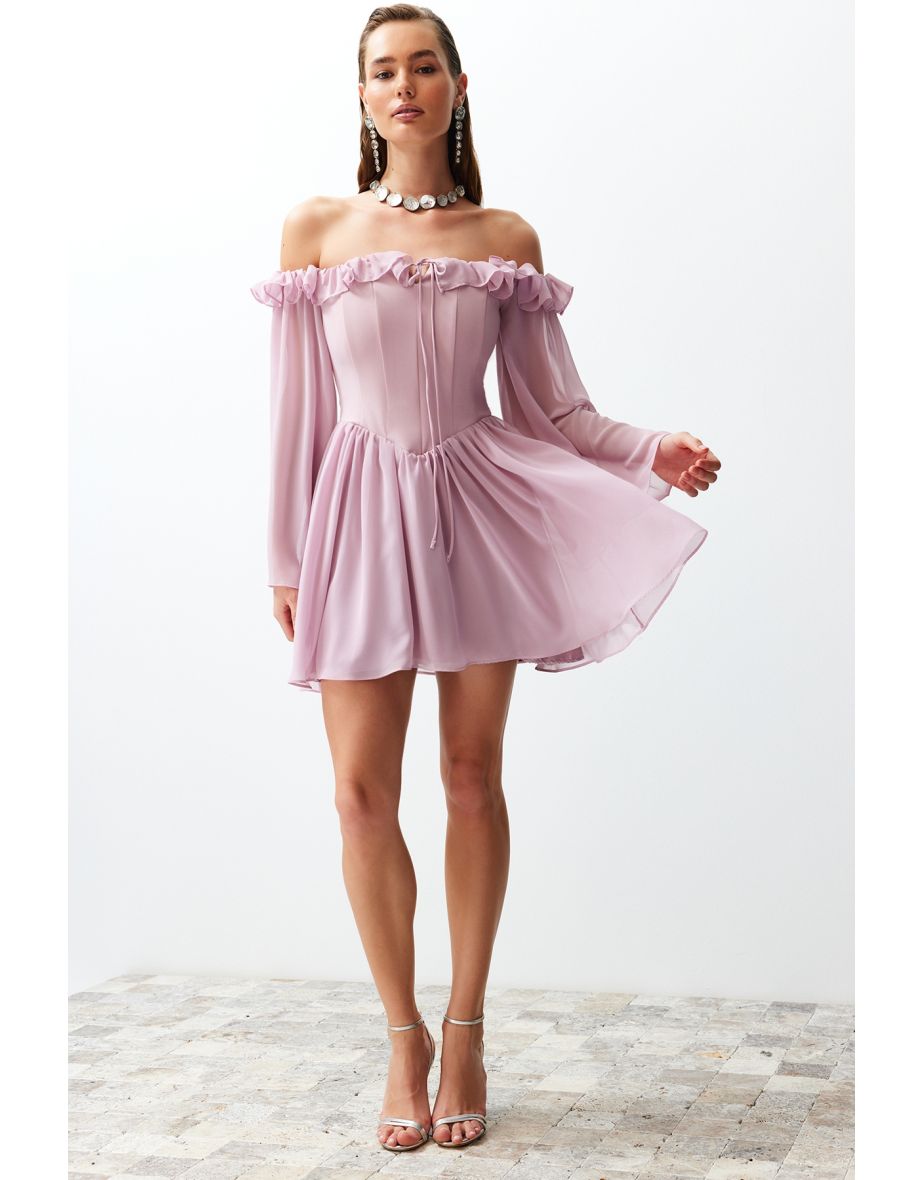 Dusty Rose Waist Opening/Skater Lined Flounce Chiffon Elegant Evening Dress