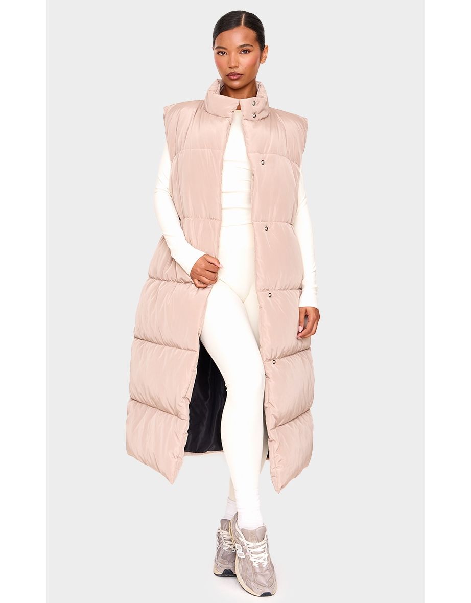 Taupe Quilted Longline Tie Waist Gilet