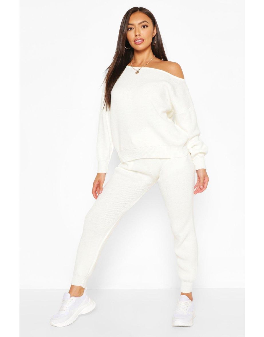 Slash Neck Knitted Tracksuit - ivory