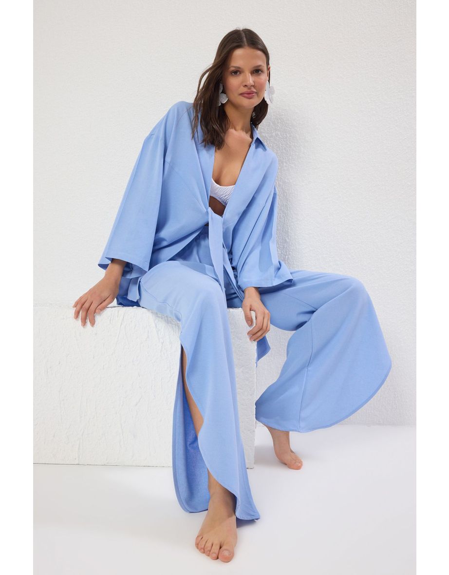 Blue Woven Tied Linen Blend Shirt Trousers Beach Suit