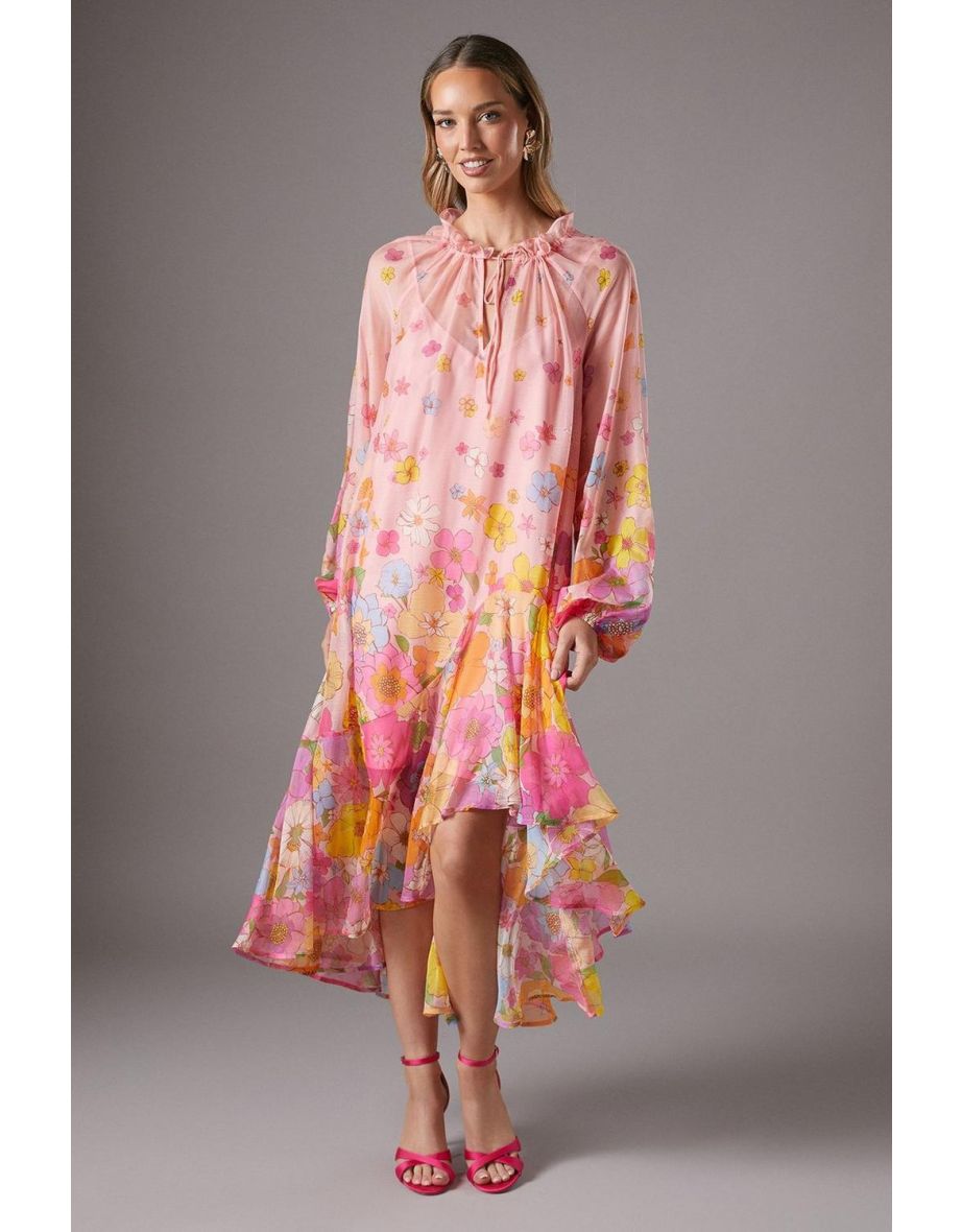 Volume Chiffon Tie Neck Midi Dress