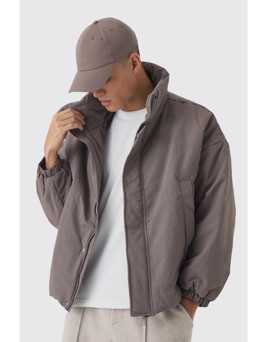 Oversized Boxy Padded Funnel Neck Jacket In Charcoal - charcoal