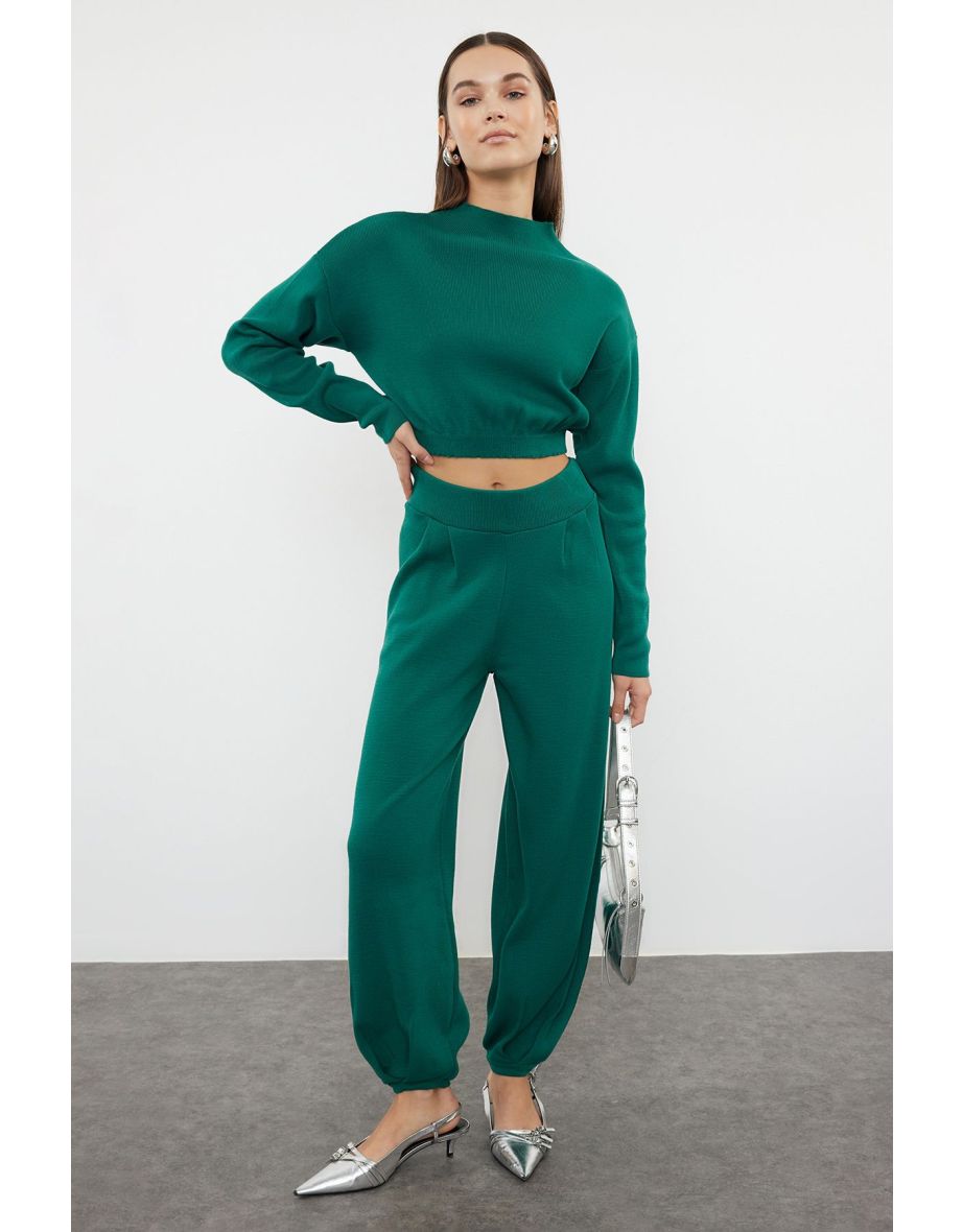 Emerald Green Super Crop Basic High Collar Knitwear Top-Top Set