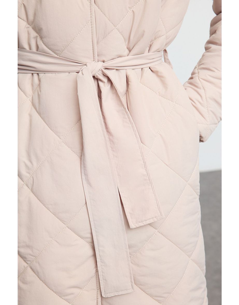 Ecru Oversize Belted Long Quilted Puffer Jacket - 4