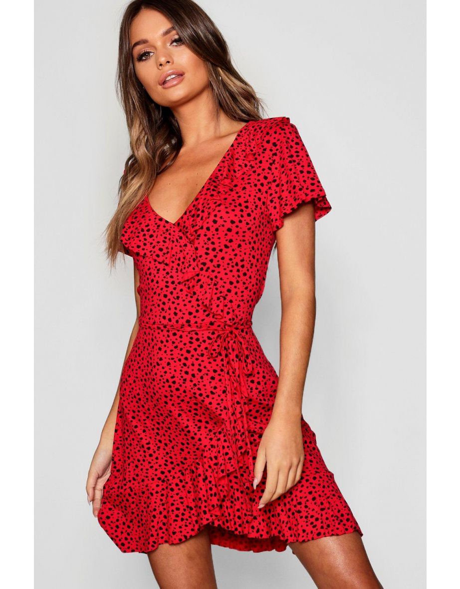 Dalmation Print Ruffle Tea Dress - red