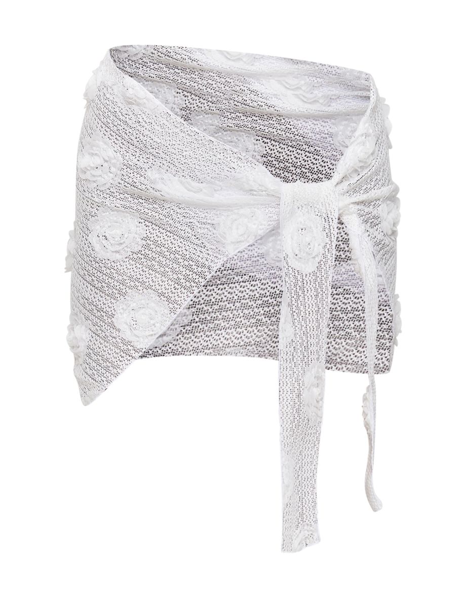 White Textured Flower Trim Beach Sarong - 4