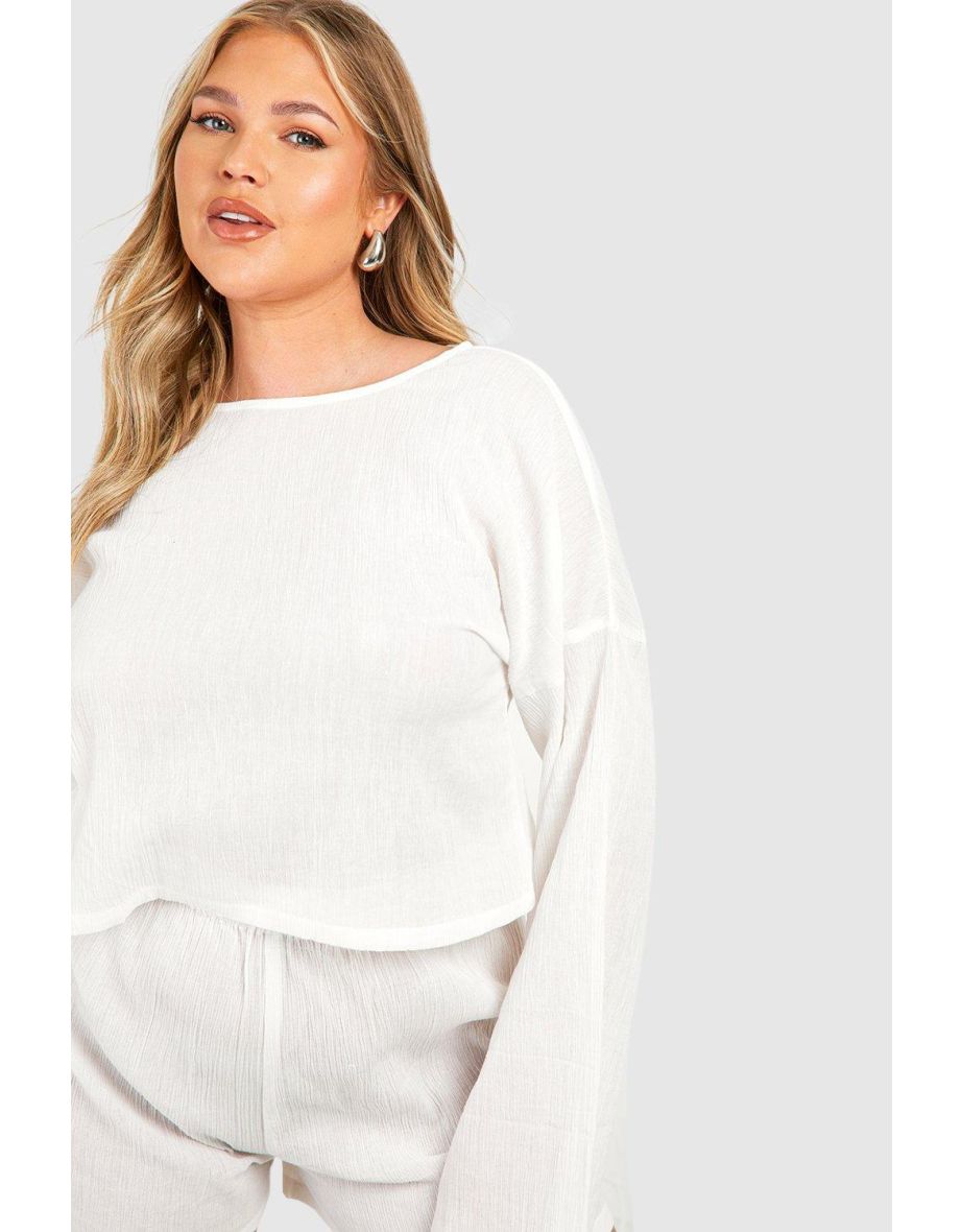 Plus Flare Sleeve And Button Front Loungewear Short Set - white - 3
