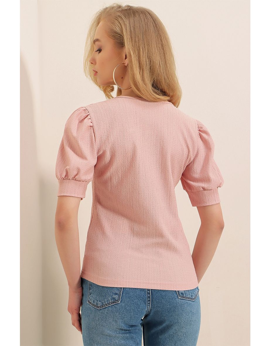 Square Collar Knitted Blouse - Powder - 6