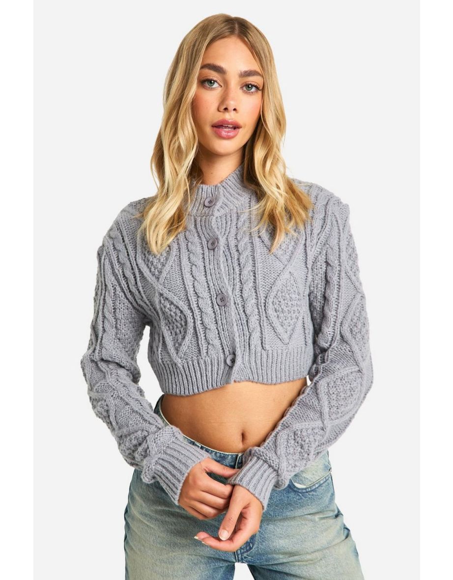 Cable Knit Cropped Cardigan - grey marl