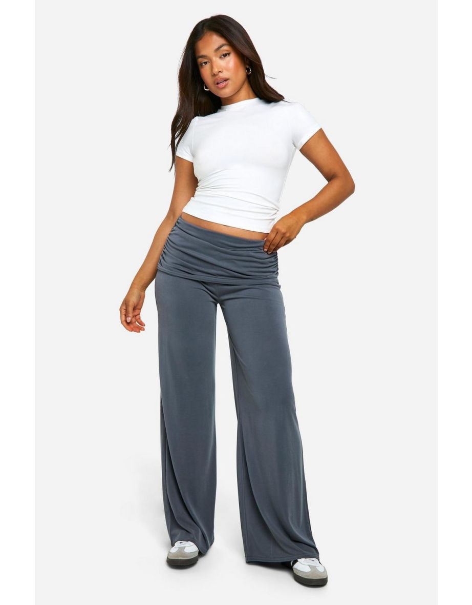 Petite Jersey Fold Over Waist Wide Leg Trousers - grey