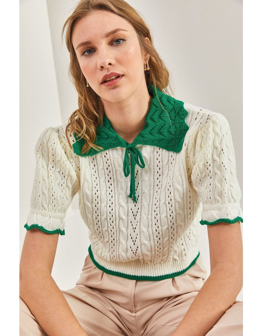 Women's Baby Collar Short Sleeve Hair Knitted Knitwear Sweater - 3