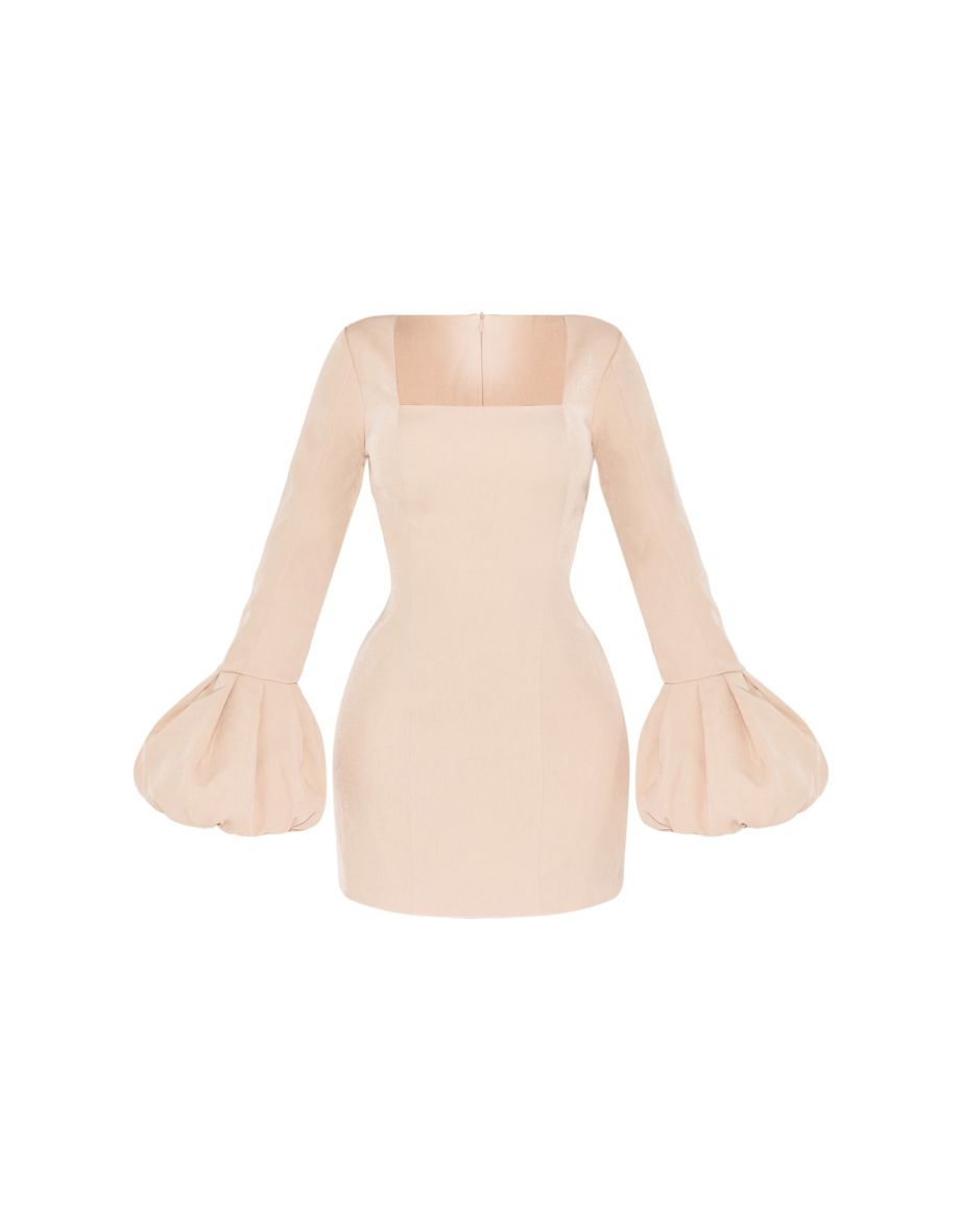Shape Pebble Woven Square Neck Puffball Sleeve Mini Dress - 4