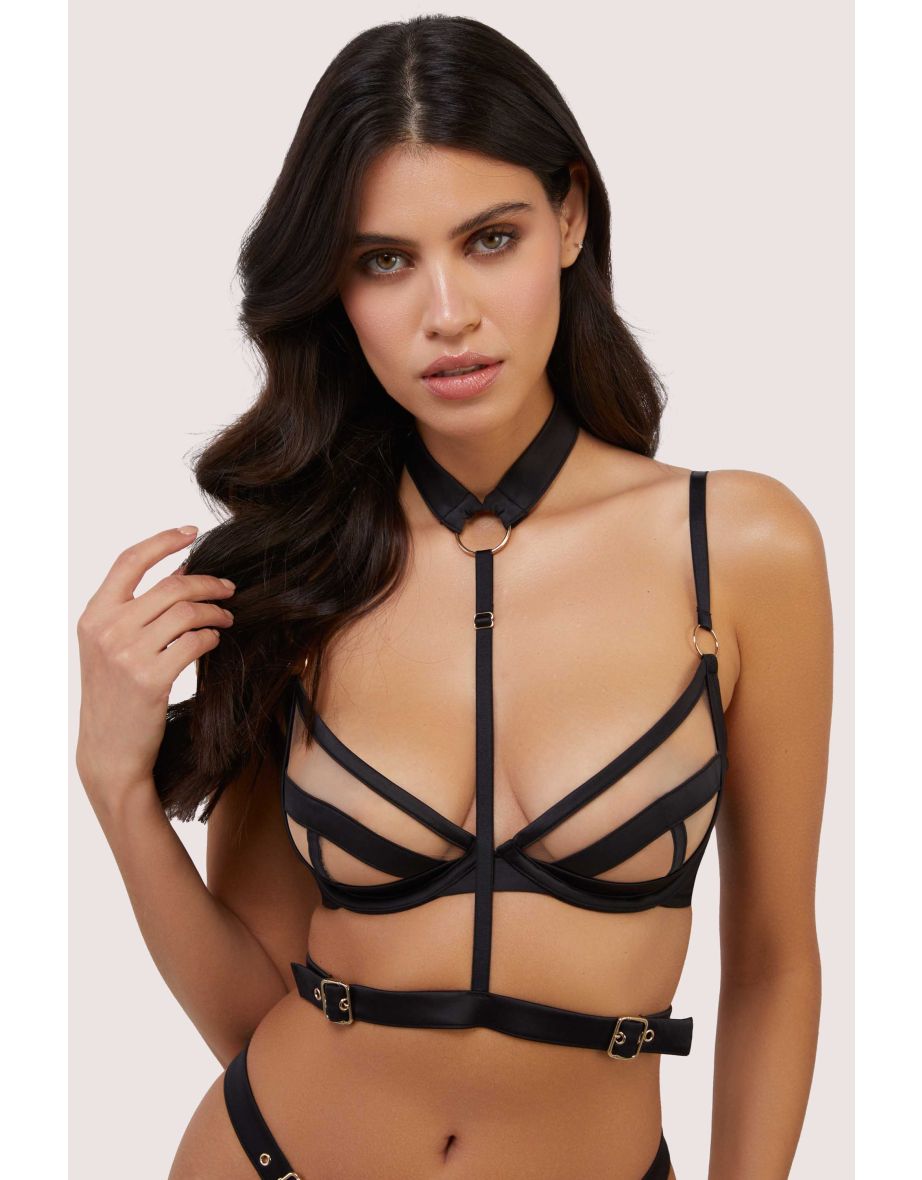 Alessia Black Satin and Illusion Mesh Plunge Buckled Bra