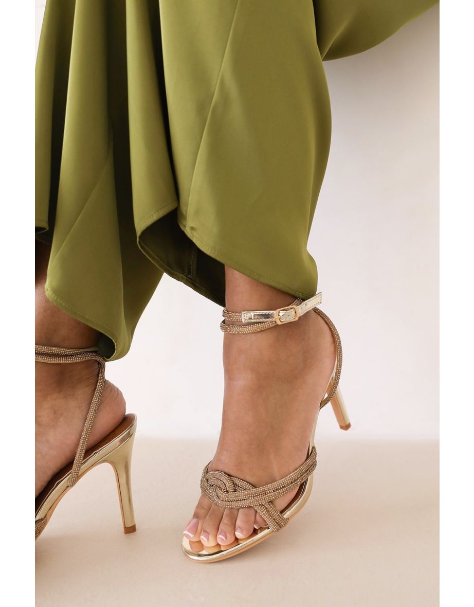 MADON DIAMANTE KNOT DETAIL WITH CROSS OVER ANKLE STRAP HIGH HEELS IN GOLD CHROME - 5