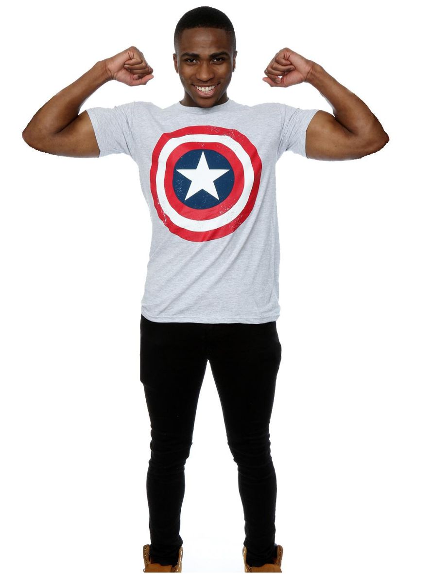 Marvel Mens Captain America Distressed Shield T-Shirt - Heather Grey - 3