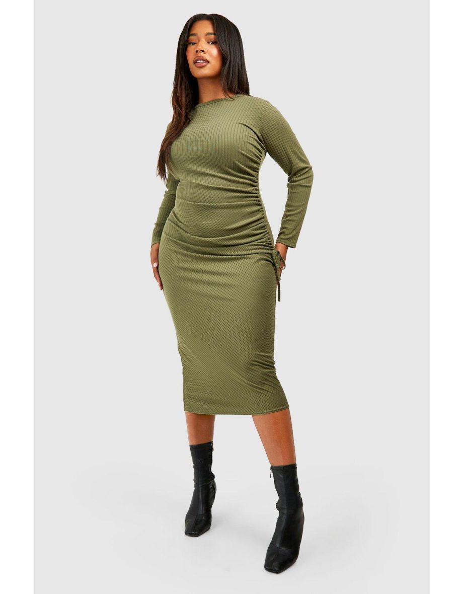 Shop Plus Wide Soft Rib Ruched Midi Dress khaki Online in Bahrain VogaCloset