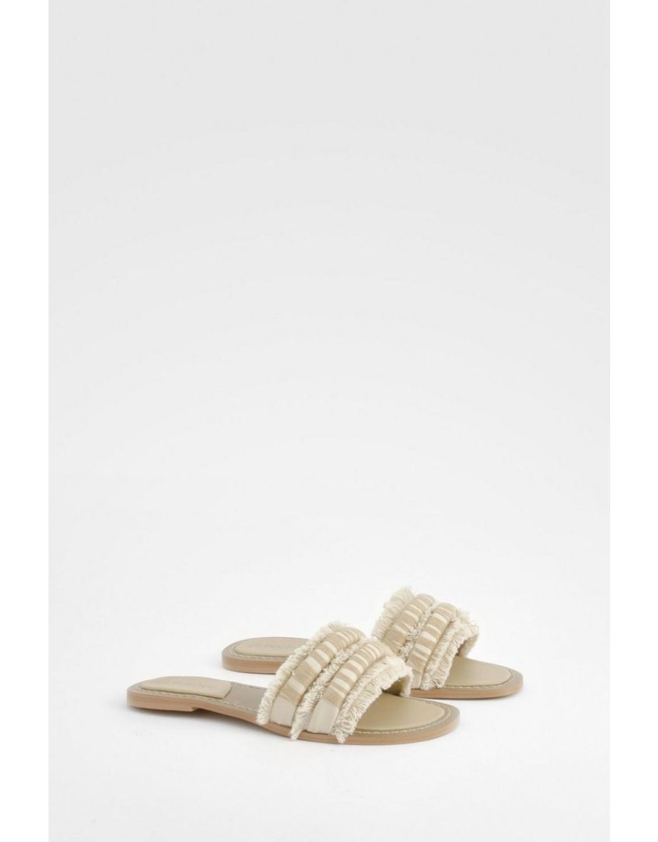 Embroidered Tassel Canvas Mule Sliders - cream