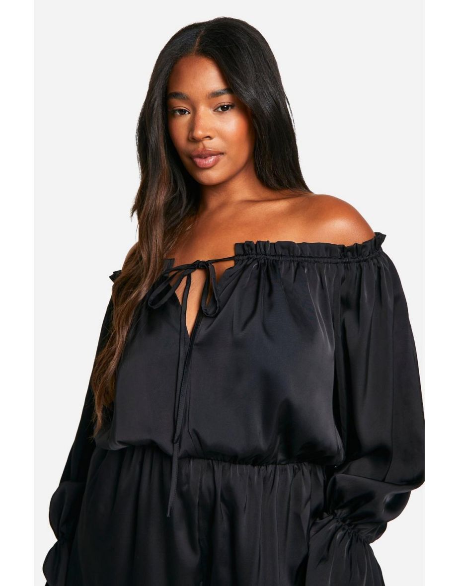 Plus Satin Off Shoulder Skater Playsuit - black - 3
