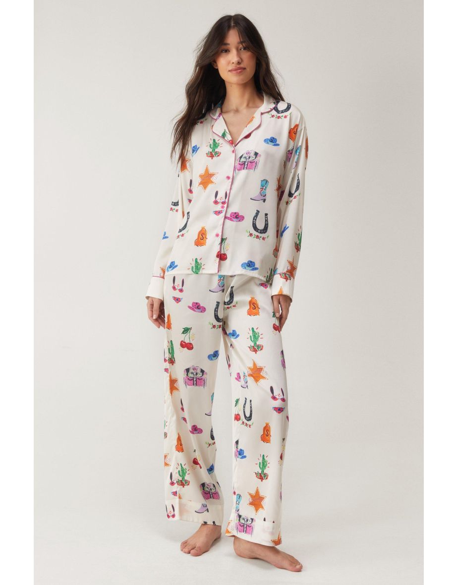 Satin Cowboy Western Pajama Pants Set