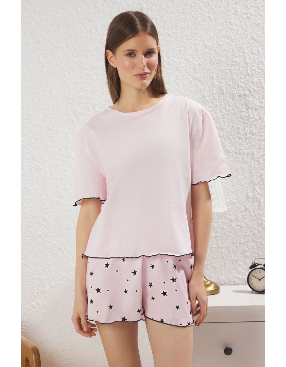 Pink Star Patterned Baby Overlock Detail Knitted Pajama Set with Shorts