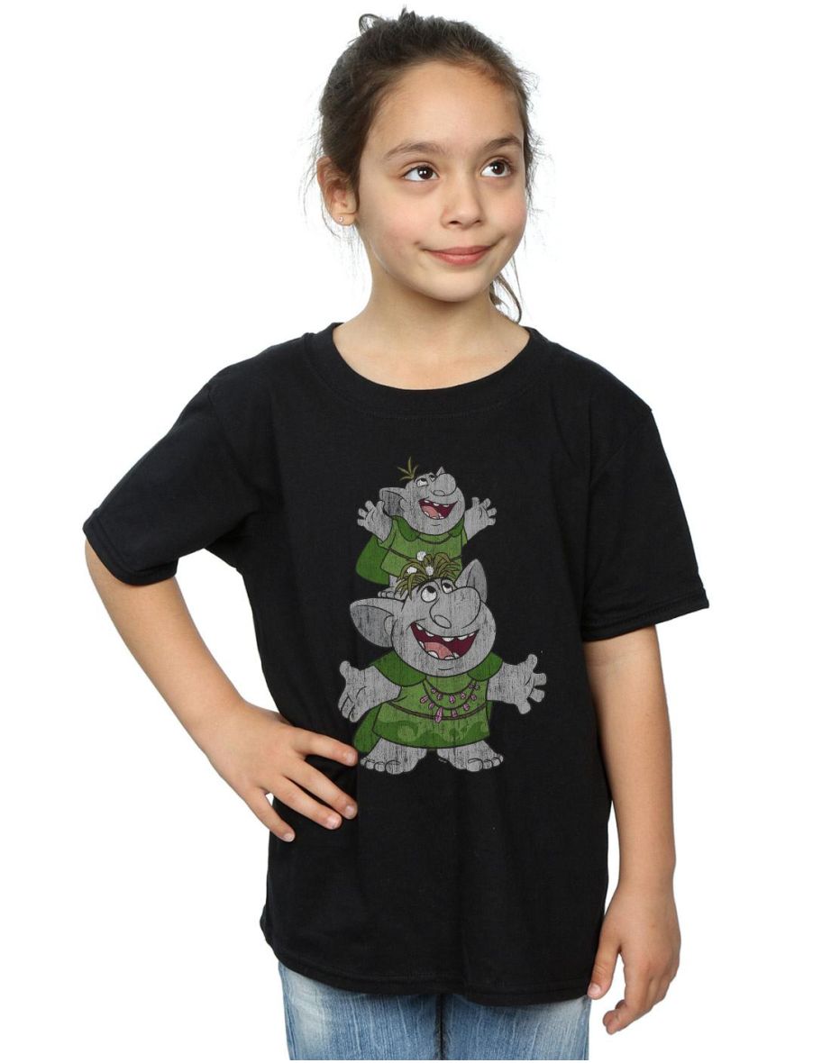 Disney Girls Frozen Handstacking Trolls Cotton T-Shirt - Black