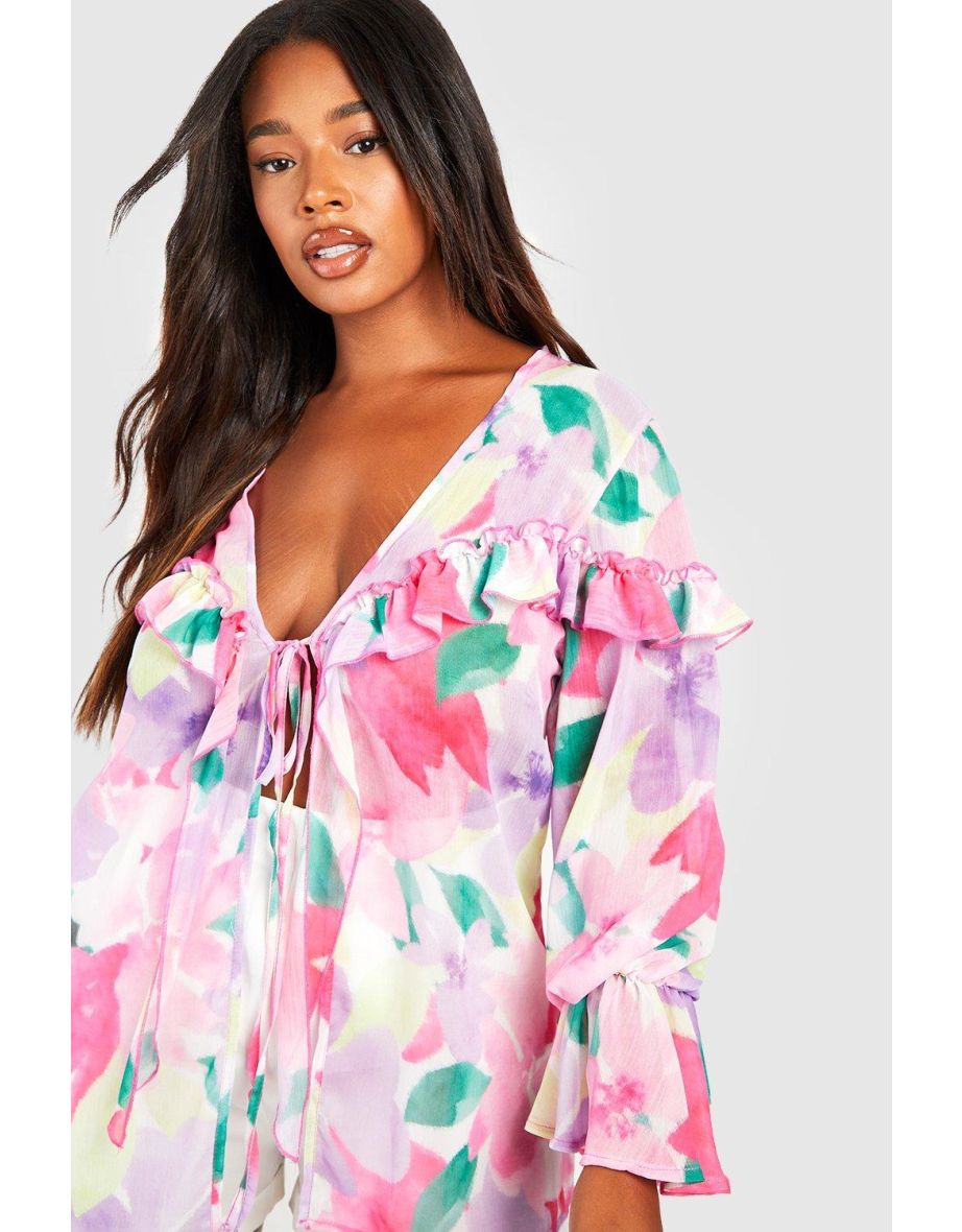 Plus Pastel Floral Ruffle Detail Tie Front Blouse - pink - 3