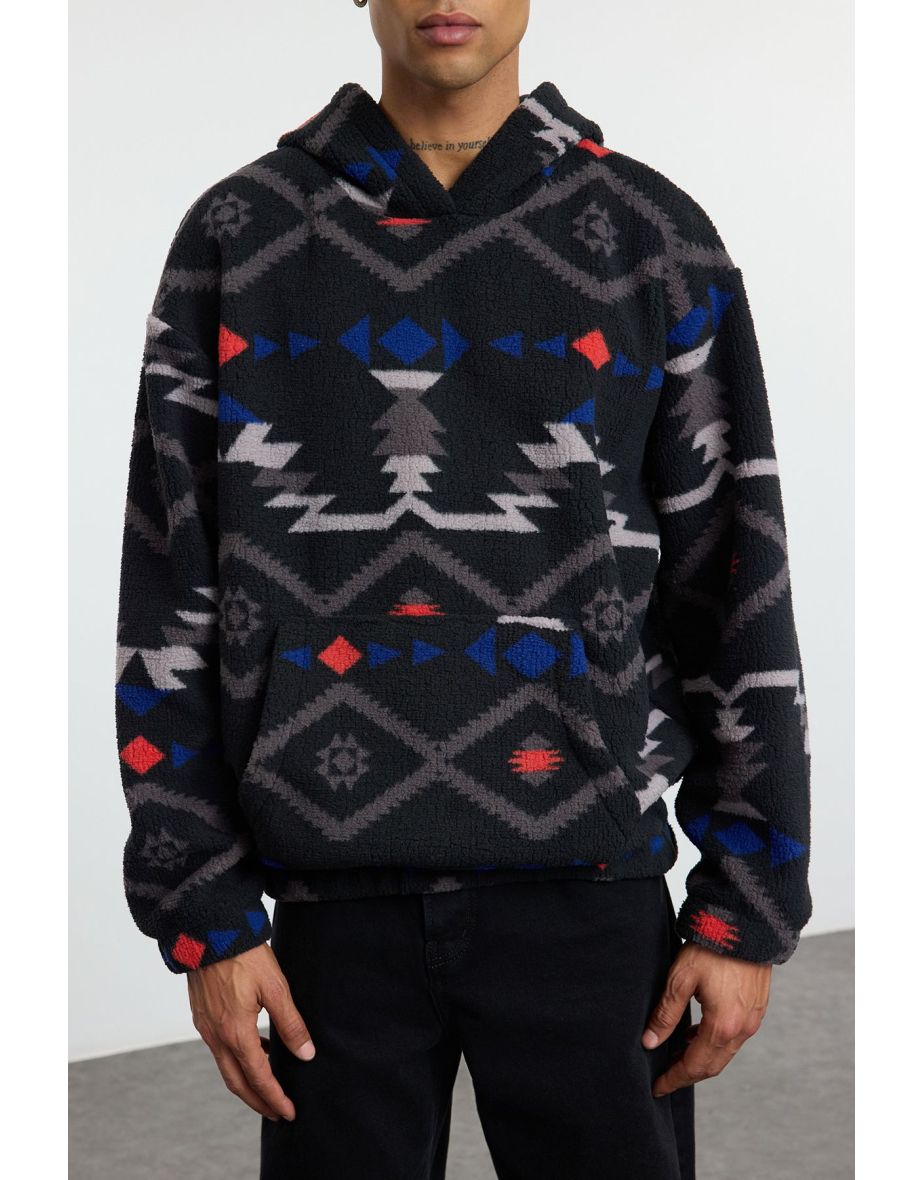 Black Unisex Oversize/Wide Cut Patterned Sherpa Sweatshirt - 3