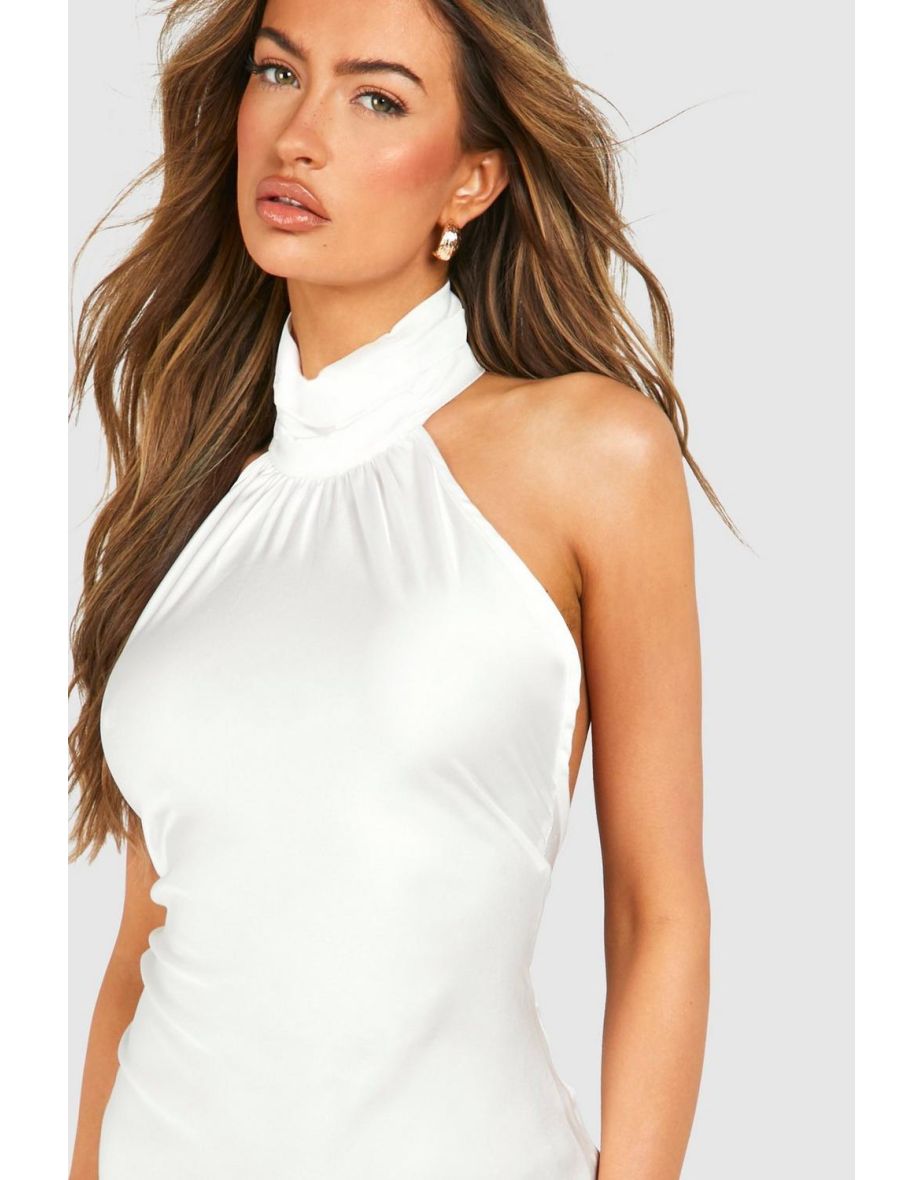 Satin Halterneck Mini Dress - white - 3