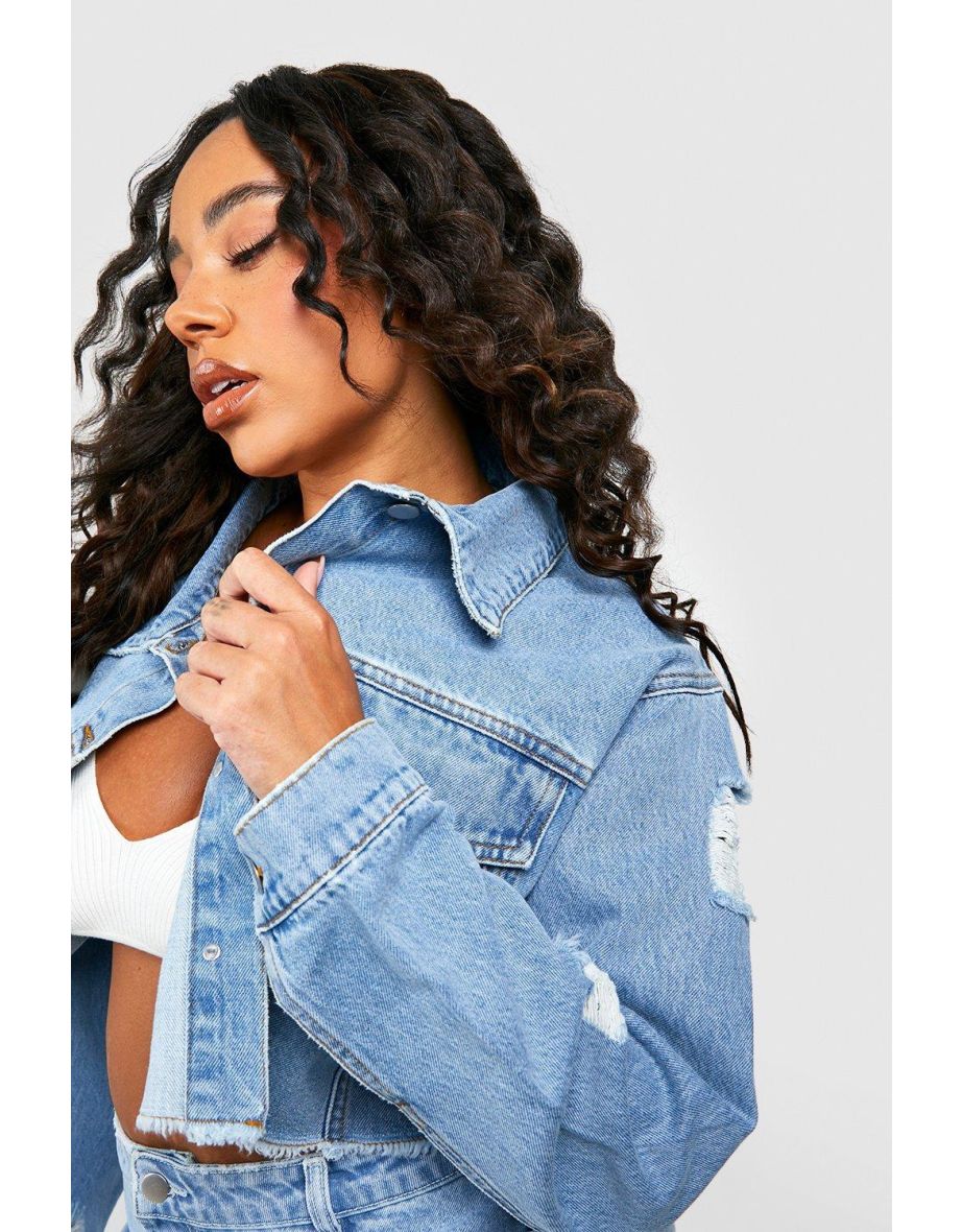 Cropped denim jacket distressed best sale