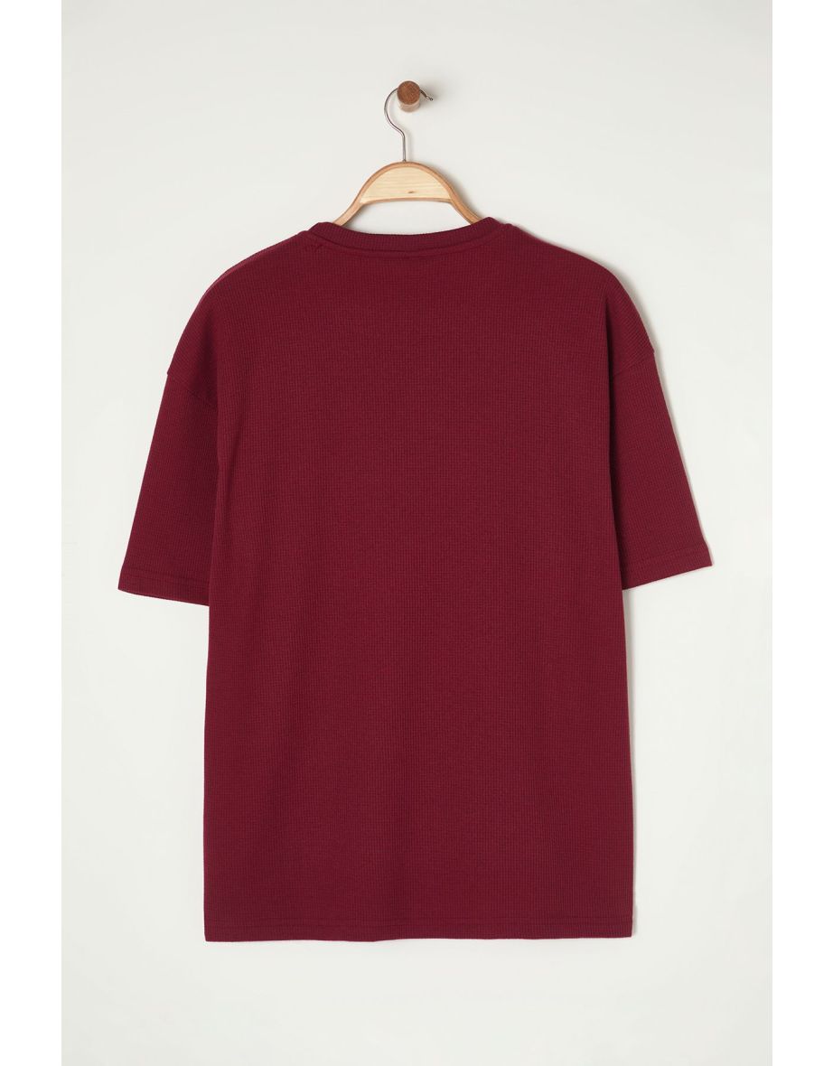 Basic Claret Red Oversize/Wide Textured Cut Waffle Short Sleeve T-Shirt - 8