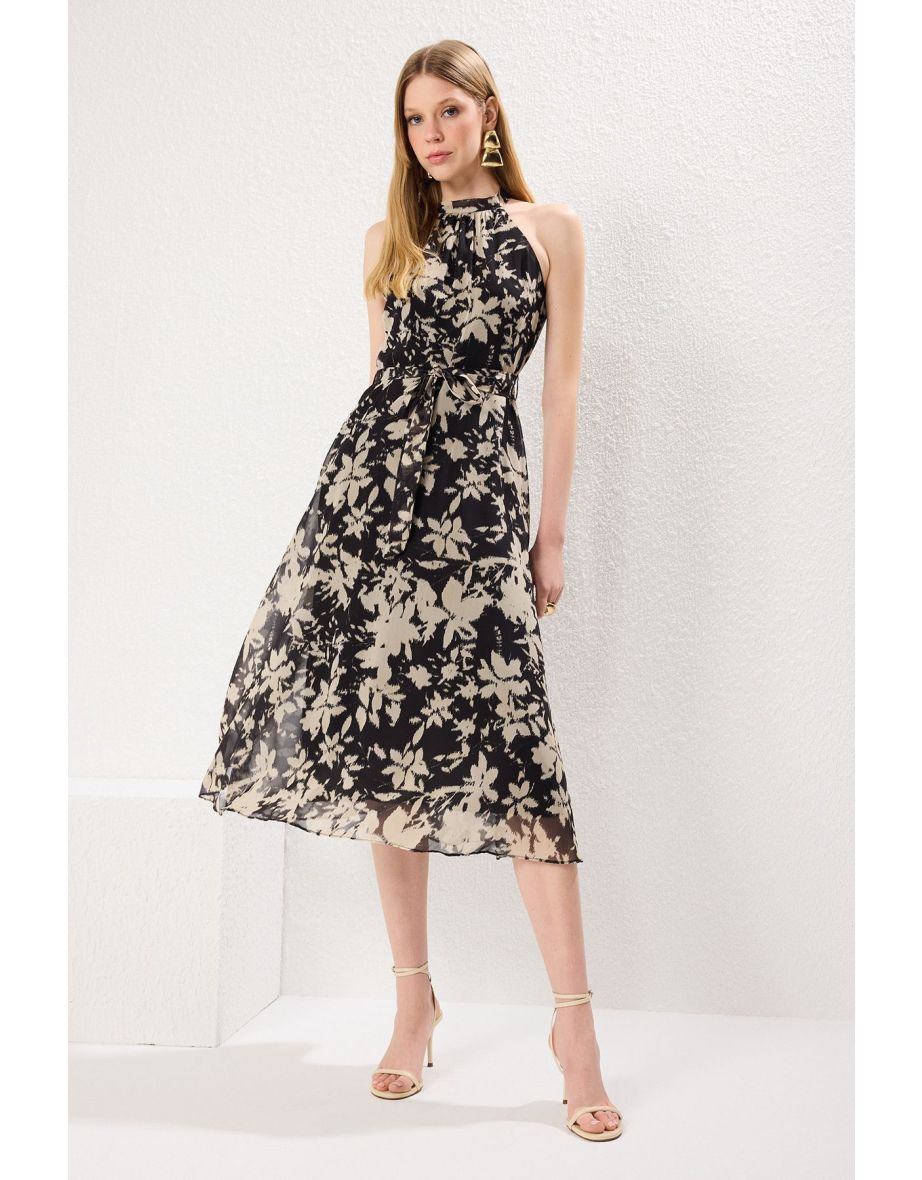 Black Belted Floral Belted Midi Woven Dress