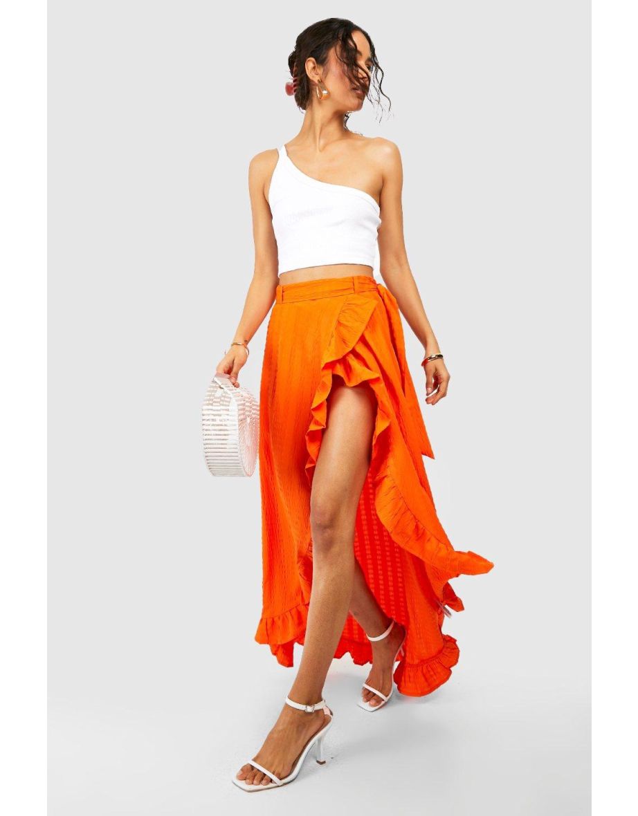 Orange Floral Print Frill Wrap Midi Skirt | Simply Be
