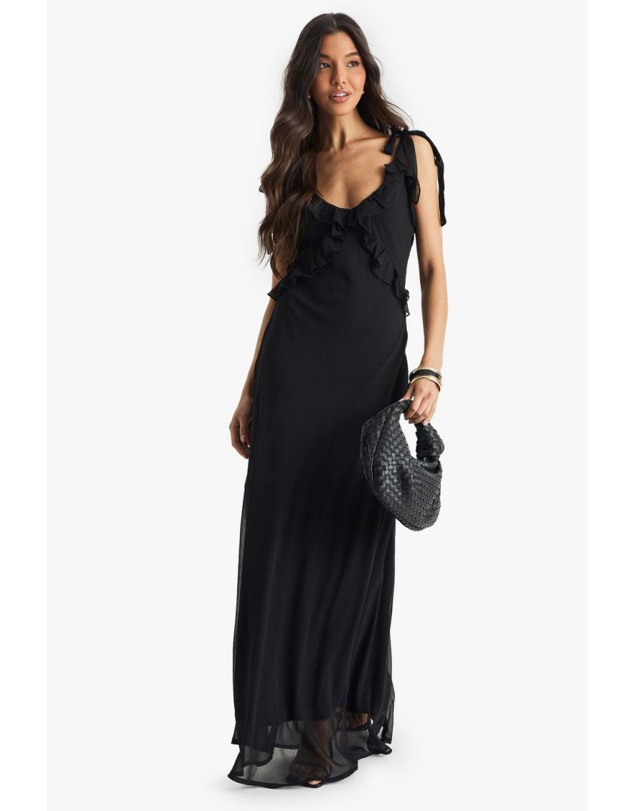 Chiffon Ruffle Maxi Dress - black
