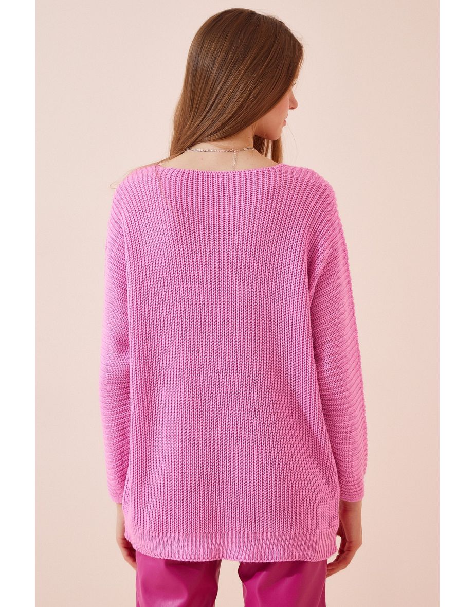 Women's Pink V-Neck Thessaloniki Knit Oversize Knitwear Sweater - 3