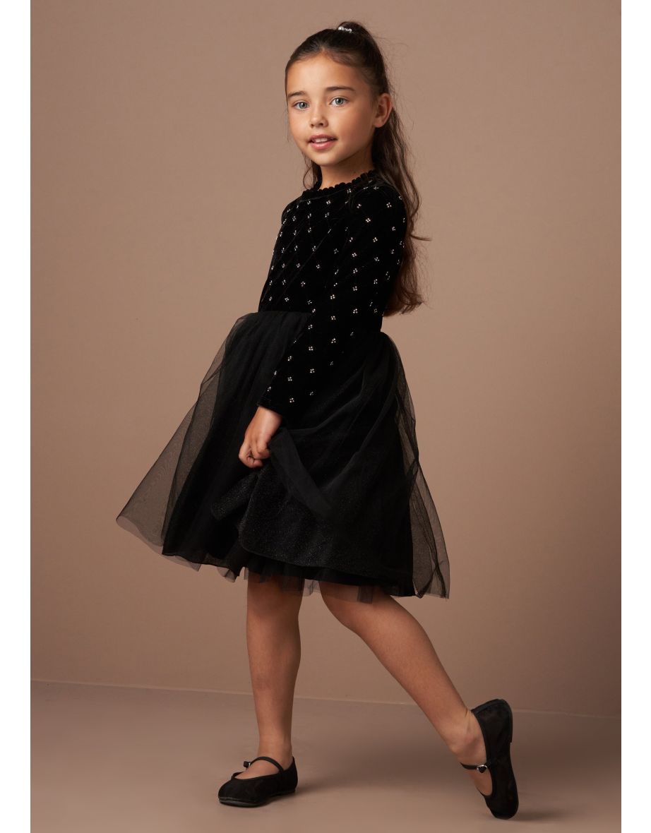 Elsie Black Beaded Velvet Tuelle Dress