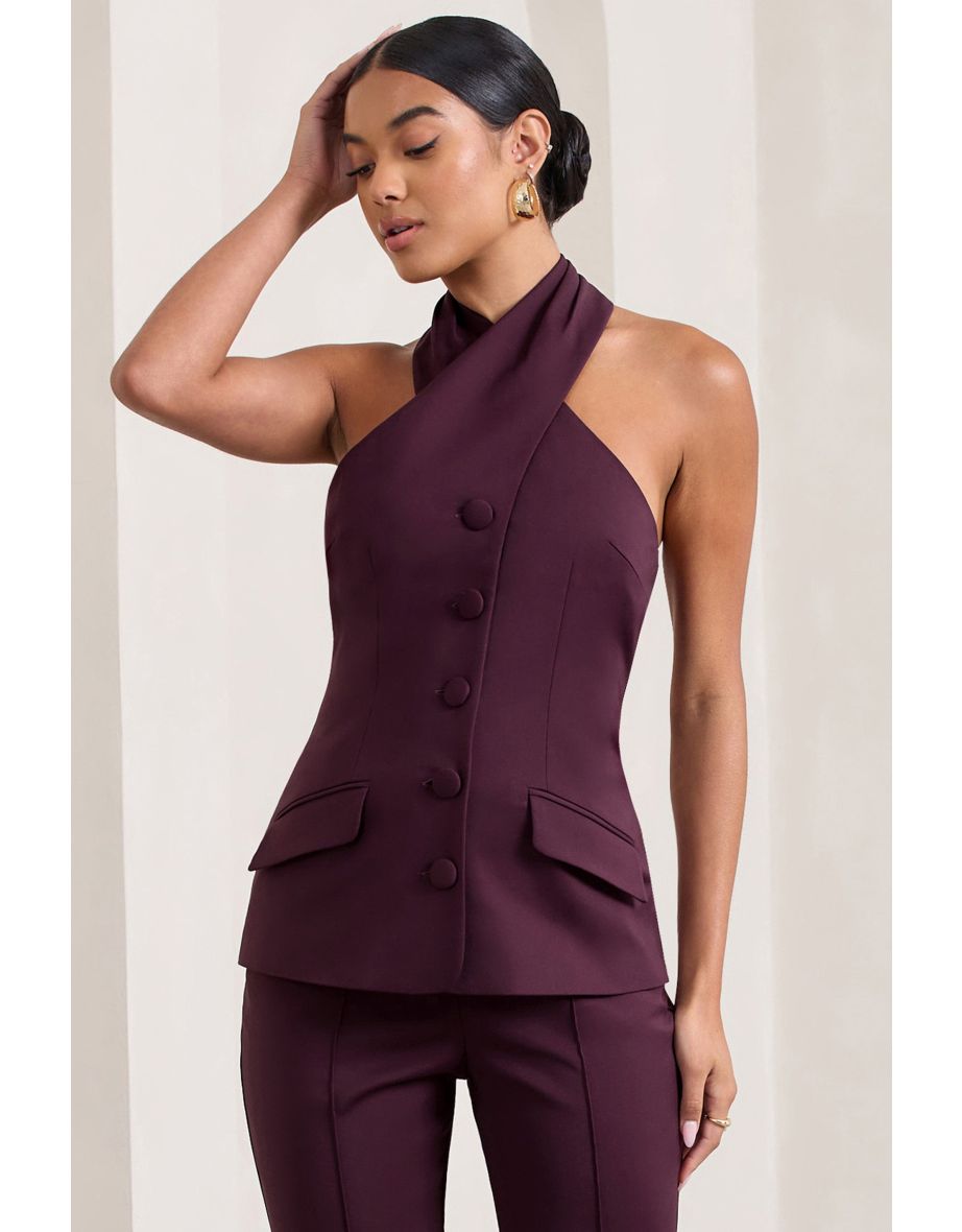 Remi | Burgundy Cross Halter Neck Tailored Sleeveless Blazer Top - 4