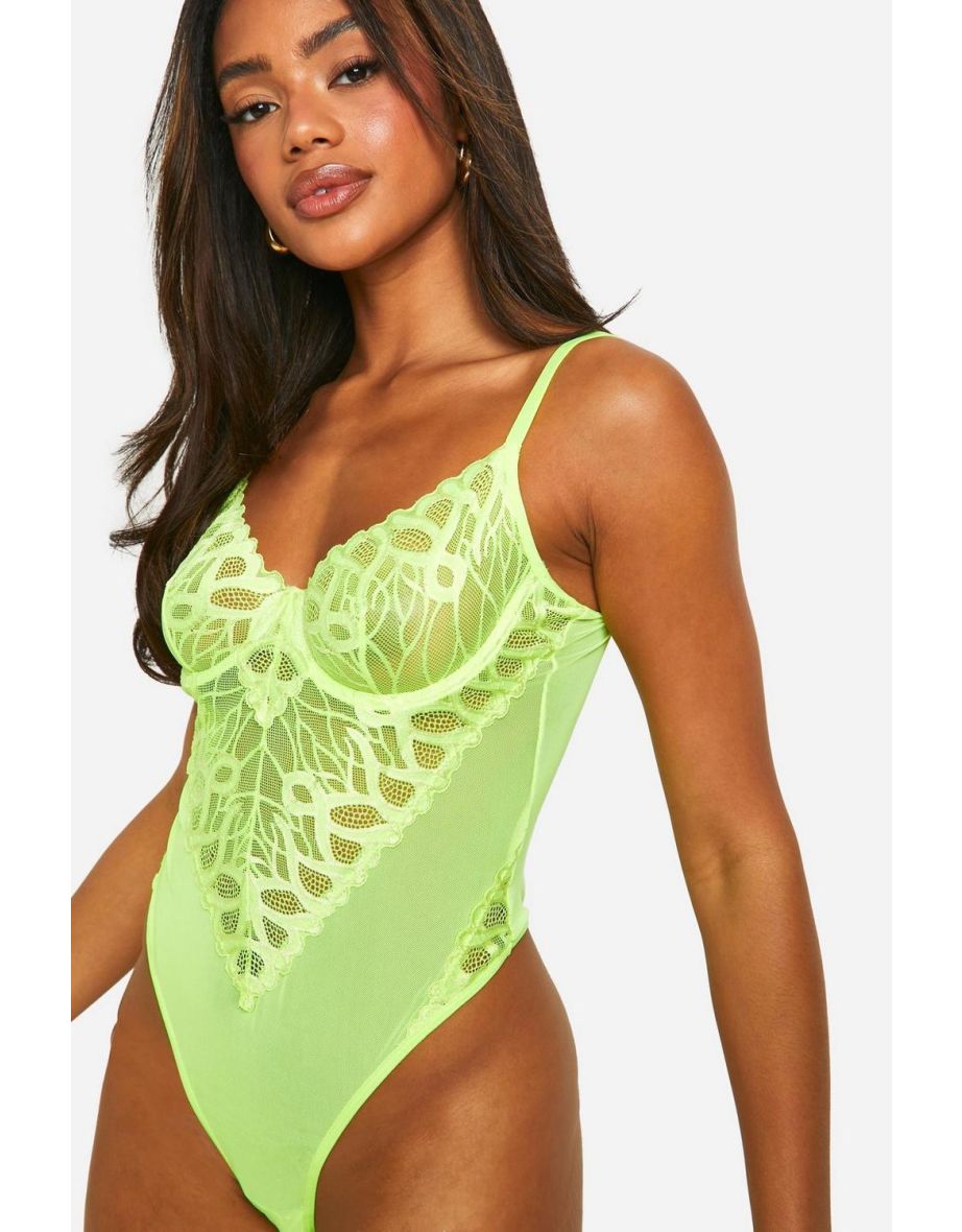 Neon Mesh Panel Bodysuit - neon-yellow - 3