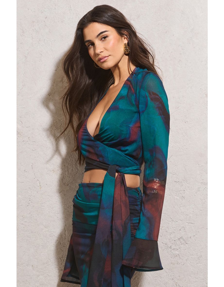 Bayside | Blue Print Chiffon Flared-Sleeve Wrap Top - 4