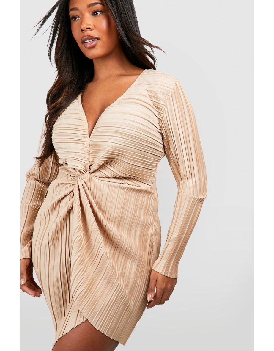 Plus Wide Plisse Twist Front Wrap Dress - champagne - 3