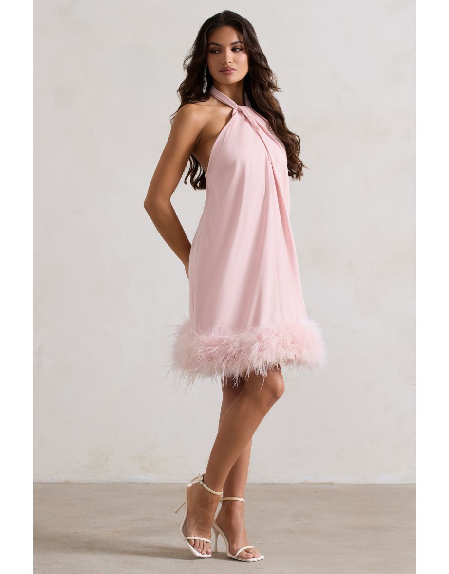 Femme | Pink Halter-Neck Smock Mini Dress With Feather Hem - 4