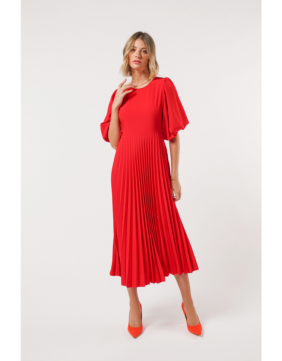 Red Balloon Sleeve Midi Dress