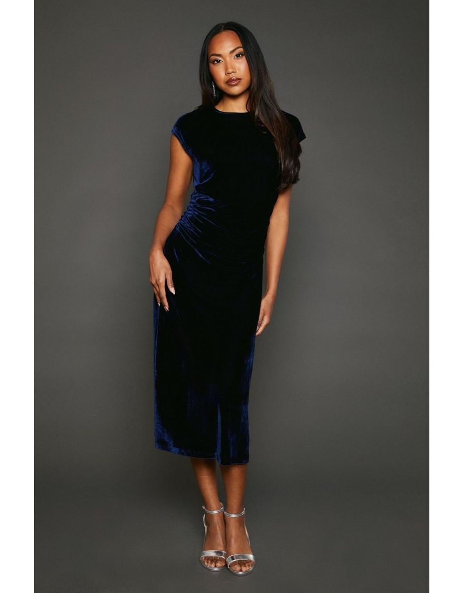 Velvet Ruched Waist Midaxi Dress - indigo
