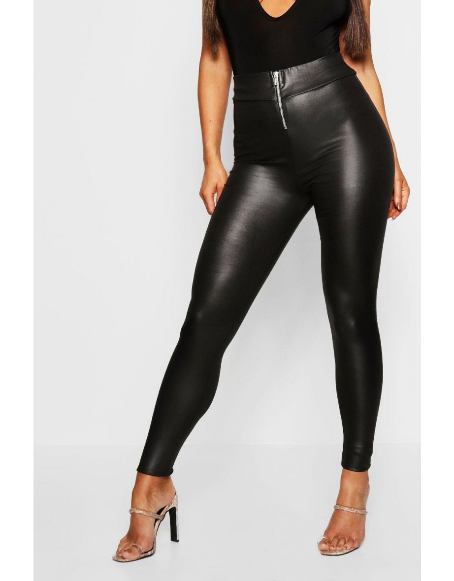 Zip Front Wet Look Leggings - black - 3