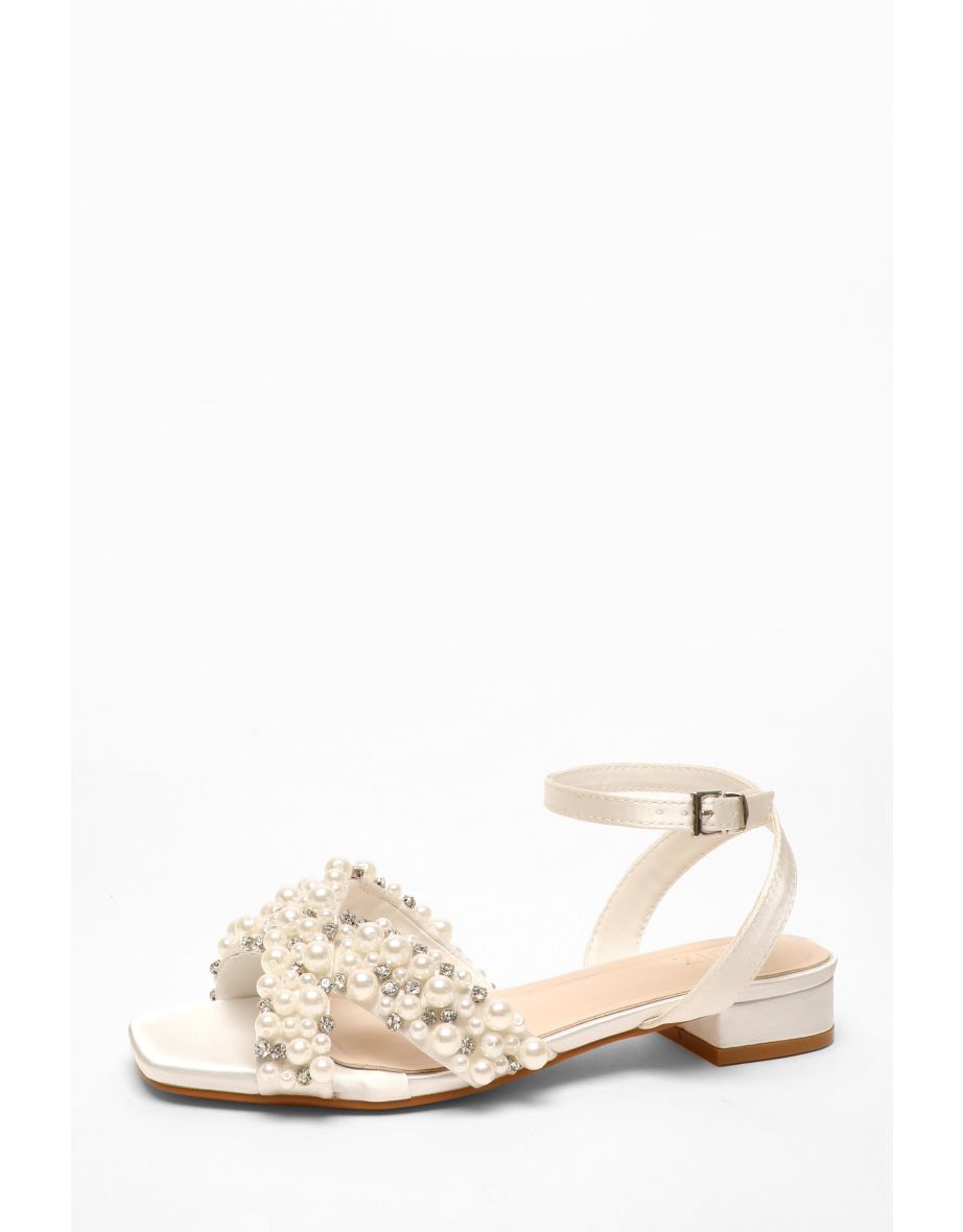 Bridal Pearl Embellished Strap Flat Sandals - 4