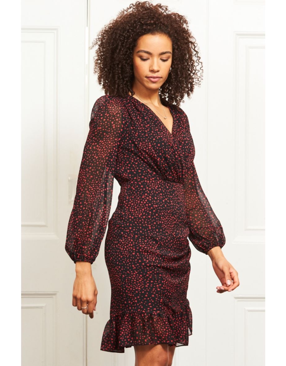 Black & Red Heart Print Silhouette Illusion Dress - 4